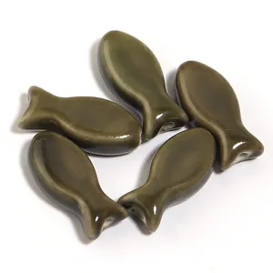 Small olive green ceramic fish-shaped beads for DIY bracelet and necklace jewelry making