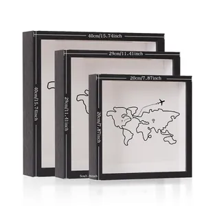 Three-piece square shadow box frame set with detailed dimension markings for storage.
