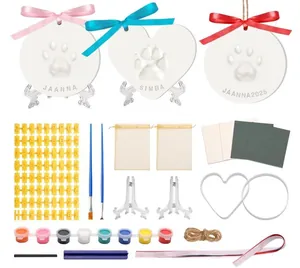 Complete DIY pet paw print memorial kit with clay, paints, and accessories