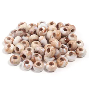 Acrylic marbled imitation jade beads with large holes in brown and white color finish