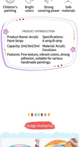 Detailed product info card for 3ml acrylic paint set used for DIY children's art projects