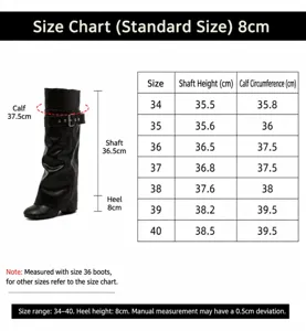 Detaillierte Größentabelle für schwarze Damen-Ritterstiefel mit Schafthöhe und Umfang.