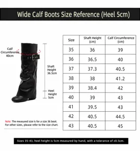 Größentabelle für Damen-Langschaftstiefel mit Schafthöhe und Umfangsmaßen.