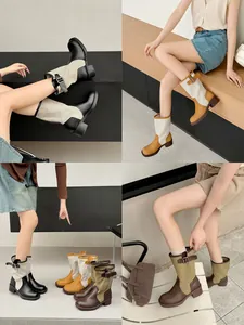 Retro patchwork mid-calf slouch boots for women with buckle detail and chunky heel design