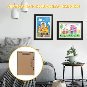 Back view and wall display of black wooden A4 frame for children art with measurements