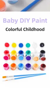 Close-up detail of 24 multi-colored acrylic paint pots and two blue artistic brushes
