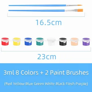 Comprehensive 8-color 3ml acrylic paint set including two brushes and detailed size guide