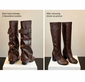 Braune kniehohe Stiefel aus Lederimitat mit abnehmbarer Hülle und stabilen Druckknöpfen