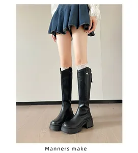 Stylish black platform knee-high knight boots featuring a 7.5cm chunky heel design