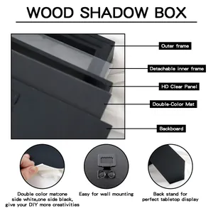 Structure détaillée du cadre shadow box en bois noir avec panneau en verre et support