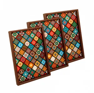 Bohemian Rectangular Wood Storage Tray Mandala Pattern Exotic Desktop Organizer For Living Room Entryway Home Decor Accessories