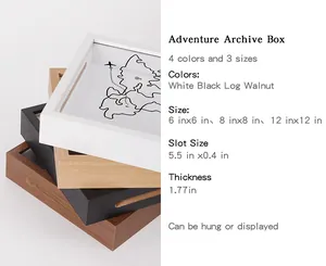 Detail view showing Adventure Archive Box dimensions and four wooden finish colors.