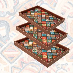 Set of three Bohemian style wooden trays with mandala patterns in S, M, and L sizes.