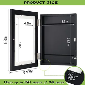 Detailed dimensions of kids art frame showing storage capacity for 150 A4 sheets