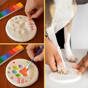 Detail showing the process of using the pet paw print kit to create a colorful DIY keepsake