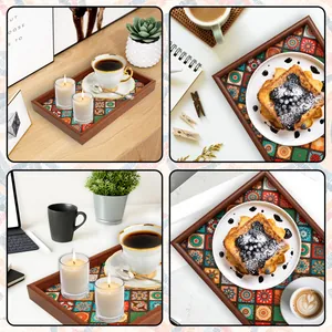 Elegant Bohemian wooden serving tray with exotic mandala patterns for home decor and storage