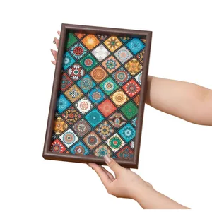 Decorative Bohemian style wooden tray for jewelry storage and home tabletop organization