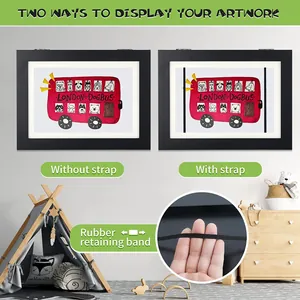 Detailed view of kids art frame showing the rubber retaining band for secure storage