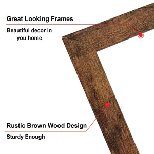 Détail d'un coin de cadre photo en bois brun rustique montrant la texture du bois naturel