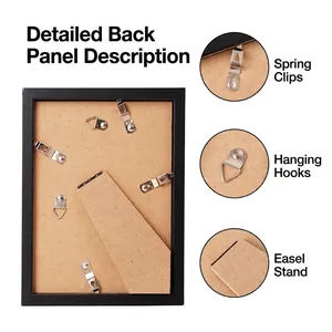 Vue arrière d'un cadre photo en bois avec détails des clips en métal et support.