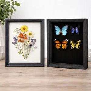 Cadre vitrine 3D noir élégant avec fleurs séchées et spécimens de papillons