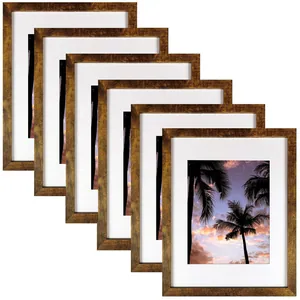 Lot de six cadres photo en bois rustique vintage avec passe-partout blanc élégant
