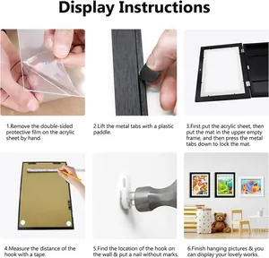 Detailed 6-step visual instructional guide for kids art frame assembly and wall display