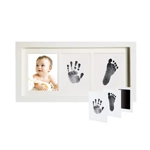 Minimalist white DIY baby hand and footprint memorial picture frame kit with ink pads