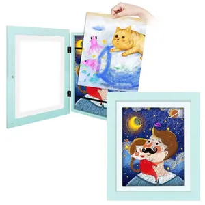 Kids Art Frame Magnetic Front Opening Storage Display Frame For Children Artwork Students Painting MDF Wood Grain Photo Frame