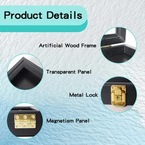 Dettaglio della cornice in legno e della chiusura in metallo dorato della scatola magnetica.