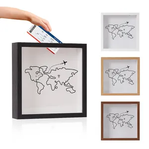 Cadre Photo de Rangement Souvenir de Voyage Shadow Box en Bois d'Ingénierie Avec Carte du Monde pour Collection de Billets