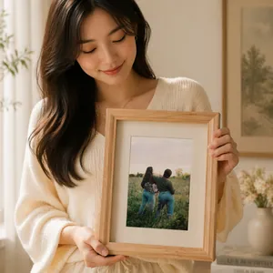 Detalle de estilo de vida de un marco de madera natural sostenido por una mujer