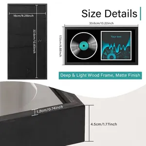 Detailed dimensions of a black matte CD and vinyl record storage display frame.