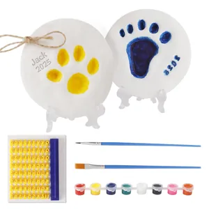 DIY pet paw print keepsake kit with clay discs, letter stamps, and multi-color paint set