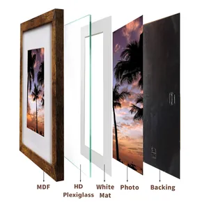 Vue éclatée montrant les couches : cadre MDF, plexiglas HD, passe-partout blanc, support.