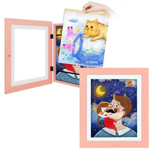 Pink kids art frame with magnetic front opening for easy artwork storage and display