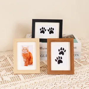 Cadre photo souvenir pour empreintes de pattes de chien ou chat avec bordure bois et kit DIY
