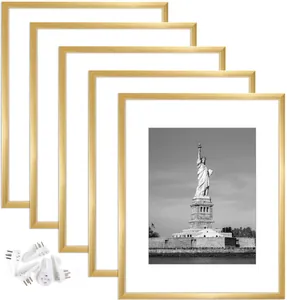 Gallery wall set of 5 brushed gold PVC picture frames with white mats and hooks