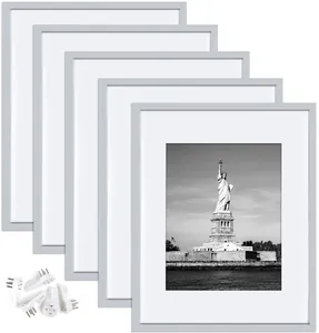 Premium set of 5 grey PVC picture frames with white mats and wall mounting hardware