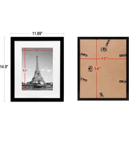 Detailed dimensions of black PVC photo frame with white mat and back mounting clips