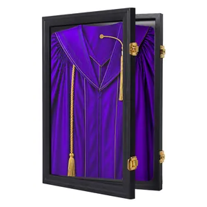 20-inch black shadow box frame displaying a purple graduation gown with gold tassels