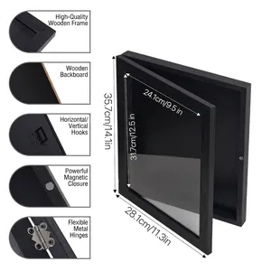 Detailed dimensions and hardware specifications of the black jersey shadow box frame.