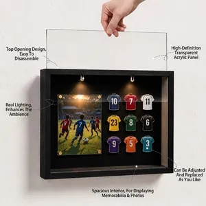 Detailed view of shadow box featuring top-opening acrylic panel and LED lighting