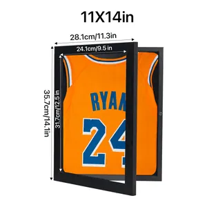 Detail view of 11x14 inch black jersey display frame with dimensions