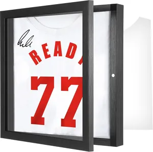 Detail view showing the magnetic hinged opening of the black jersey shadow box frame.