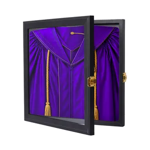 20-inch black square shadow box frame display case with a purple graduation robe inside