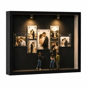 Vista dettagliata della scatola ombra museo DIY con figure in miniatura e foto ricordo