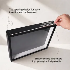 Black shadow box frame with top opening and silicone dust seal for collectibles