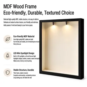 Close-up detail of DIY mini museum shadow box featuring built-in dual LED spotlights