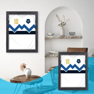 Black wooden jersey display shadow box showcased in a modern living room setting.